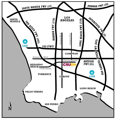 Map of southern CA freeways and airports in relation to CSUDH campus location